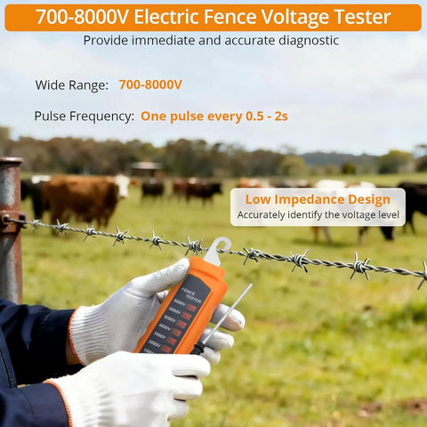 Electric Fence Voltage Tester 700V-8000V With 8 Neon Indicator Lights, handheld on barbed wire fence