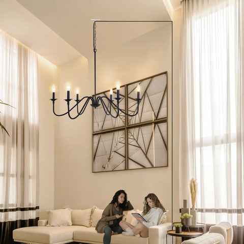 Prewired Plug In Chandelier 34.6 Inch Black Farmhouse Modern Hanging Light in living room, easy install, no electrician needed