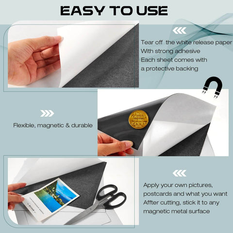 Instructions showing use of 50-Piece Magnetic Adhesive Sheets 8 By 10 Inches Flexible Magnetic Sheets With Self Adhesive Backing for crafts