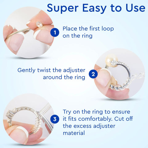 Steps showing how to use Ring Size Adjusters For Loose Rings 12 Pack Snug Up Your Fit Guards Spacers Tighteners Fits Bands Up To 6mm.