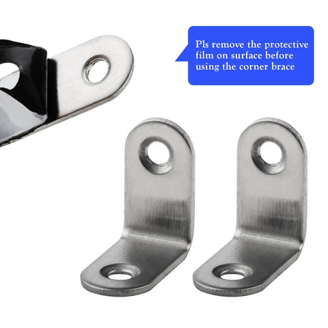 16 Pack L Bracket Set 30x30mm Corner Braces Stainless Steel Right Angle Shelf Supports With Screws For Wood And Metal DIY Projects Durable Home Improvement Kit, showing close-up of two L brackets.