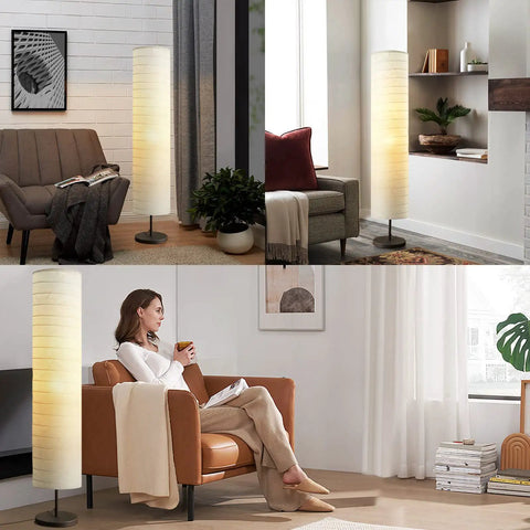 Modern Tall Floor Lamp With Dimmable Three-Level Brightness, Paper Lampshade in various room settings for home decor