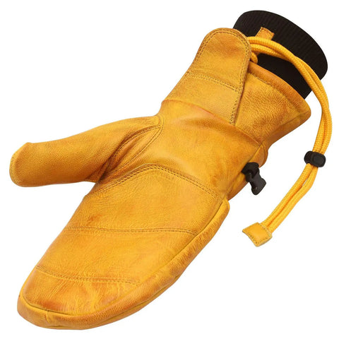 Tan large leather winter mitten for men, ultra warm premium leather cold weather gear, windproof abrasion resistant, for skiing snowboarding