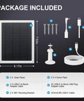 Package contents of 8W Solar Panel Charger For Stick Up Cam Plus Pro Spotlight Cam Plus Pro Outdoor Cameras With 9.35 Foot USB C Cable White 2 Pack Easy Install No Fuss Weatherproof Outdoor Camera Power Supply showing solar panels, cables, screws, and brackets.