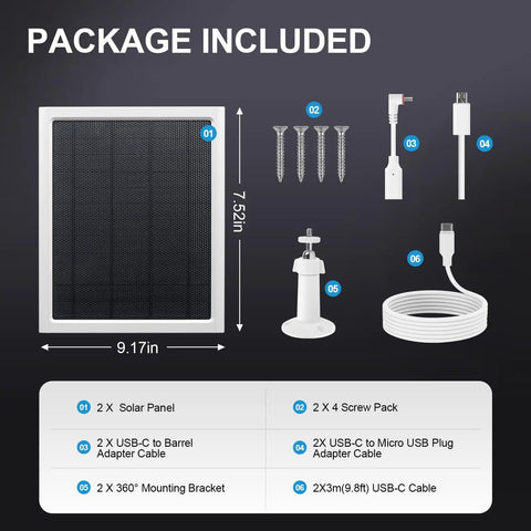 Package contents of 8W Solar Panel Charger For Stick Up Cam Plus Pro Spotlight Cam Plus Pro Outdoor Cameras With 9.35 Foot USB C Cable White 2 Pack Easy Install No Fuss Weatherproof Outdoor Camera Power Supply showing solar panels, cables, screws, and brackets.