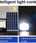 Top Tier Solar Led Flood Light With Remote Trigger And Smart Motion Detector For Driveway And Fence, Super Bright Ip66 Weather Proof, showing intelligent light control and solar panel.