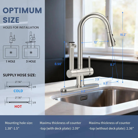 Premium Brushed Nickel Pull Down Kitchen Faucet With Built In Water Filter and Activated Carbon Ultrafiltration Spray Head dimensions and installation details