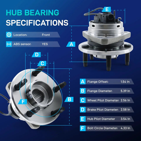 Diagram of Front Wheel Hub Bearing Assembly With ABS 5 Lug Bolt On For 2004 2012 Malibu 2008 2010 Cobalt HHR 2005 2010 Pontiac G6 2007 2009 Saturn Aura Front Left And Right Replacement Ready To Roll 513214 showing specifications.