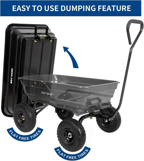 Heavy Duty Garden Dump Cart With 600 Lb Capacity And Flat Free Tires Quick Release Dump Wagon showing easy dumping feature