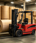 Hella Reliable Electric Forklift Stacker Designed For Warehouse Material Handling And Heavy Pallet Shifting With Tight Maneuverability And Rock Solid Build Quality Guaranteed in a warehouse next to large paper rolls.