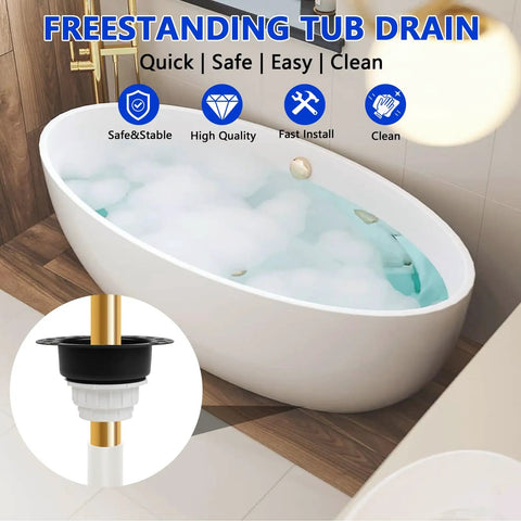 Freestanding Tub Drain Rough In Kit With Pvc Adapter For Floor And Island Bathtubs Durable Plumbing Hardware in modern bathroom with tub
