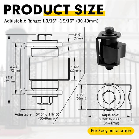 Heavy Duty Weld On Gate Hinges 4 Pack Adjustable Sealed Bearing Swing Gate Hardware For Metal Driveway Gates Farm Fences And Industrial Swing Gates That Are Tough As Nails Supports 1100 Lbs Each Smooth Quiet Operation with detailed dimensions and range.