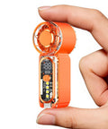 Person holding Beast Portable Handheld Fan On The Go With USB-C Rechargeable Battery, 100 Speed Adjustable, Digital Display, Orange in hand