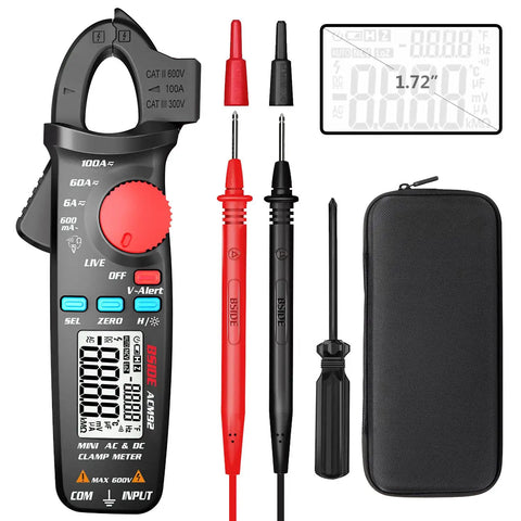 DC Current Clamp Meter 6000 Counts Digital Multimeter with test leads, manual, screwdriver, and carrying case
