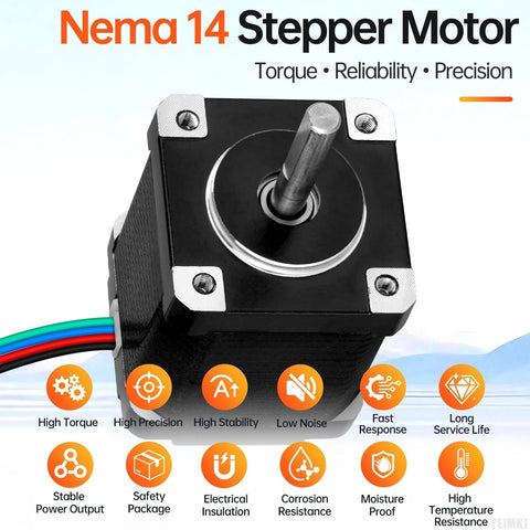 Front view of a black NEMA 14 stepper motor with exposed shaft and 1 m multi-core cable.
