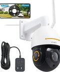 Outdoor Wireless PTZ Security Camera With Auto Tracking And 240x Zoom, 2K HD Clarity, wall mount with adapter and cable shown