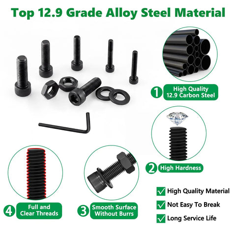 178 Piece M6 12.9 Grade Black Steel Socket Cap Screws Nuts Washers Kit for Heavy Duty Projects, High Torque Fasteners to Prevent Screw Head Strains, All in One Durable Fastener Set for Builders and Gearheads black steel bolts, nuts, washers, and Allen wrench