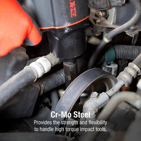 Beefy Half Inch Drive Impact Socket Set with CrMo Steel used on automotive engine for high torque applications