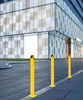 Heavy Duty 4 Pack Safety Bollards 36 Inch Height 4.5 Inch Steel Pipe Posts With Anchor Bolts Rock Solid Yellow Parking Poles lined on pavement