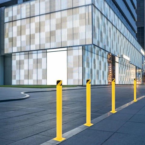 Heavy Duty 4 Pack Safety Bollards 36 Inch Height 4.5 Inch Steel Pipe Posts With Anchor Bolts Rock Solid Yellow Parking Poles lined on pavement