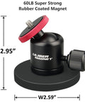 Front view of 60lb Magnetic Camera Mount With Mini Ball Head Rubber Coated Neodymium Magnet Quarter Inch 20 Tpi Male Thread Stud Heavy Duty Base For Security Cameras Indoor Outdoor Use Easy Setup Built To Last Rock Solid Hold, showing dimensions.