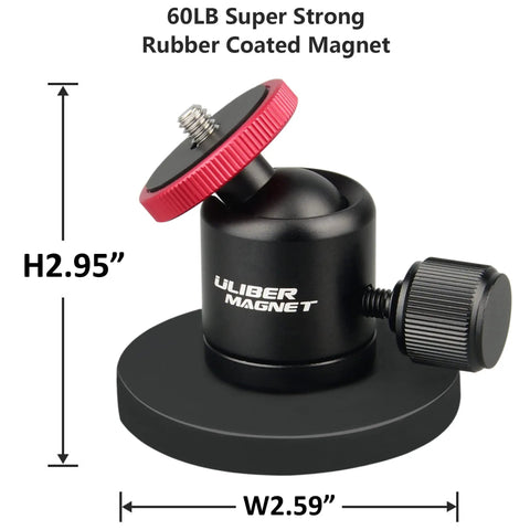 Front view of 60lb Magnetic Camera Mount With Mini Ball Head Rubber Coated Neodymium Magnet Quarter Inch 20 Tpi Male Thread Stud Heavy Duty Base For Security Cameras Indoor Outdoor Use Easy Setup Built To Last Rock Solid Hold, showing dimensions.