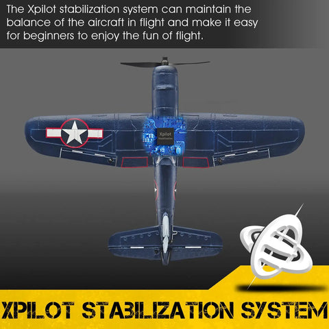 F4U Corsair RC Plane 4 Channel RTF with Xpilot Stabilization, top view of blue edition model with stabilization highlights