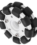 Front view of a 100mm aluminum omni wheel with black rubber rollers for robot platforms.