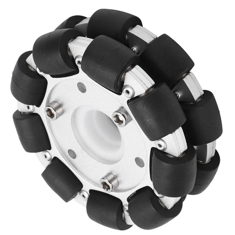 Front view of a 100mm aluminum omni wheel with black rubber rollers for robot platforms.