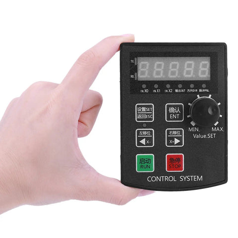 All In One DC12-24V Stepper And Servo Motion Control Module held by hand, featuring 5 digit display and control buttons for industrial use