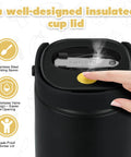 Keep It Sizzling Hot Soup Thermos With Secure Split Snack Cup Grab And Go Leak Free Insulated Lunch Jar For Kids And Adults Stainless Steel Double Wall Vacuum Food Container With Spoon Black lid features air release valve and stainless steel spoon.