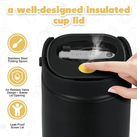 Keep It Sizzling Hot Soup Thermos With Secure Split Snack Cup Grab And Go Leak Free Insulated Lunch Jar For Kids And Adults Stainless Steel Double Wall Vacuum Food Container With Spoon Black lid features air release valve and stainless steel spoon.