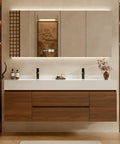 Top Shelf Floating Double Sink Vanity With Smart Led Defog Mirror And Slate Countertop Walnut Wall Mounted Bathroom Cabinet with two ceramic basins.