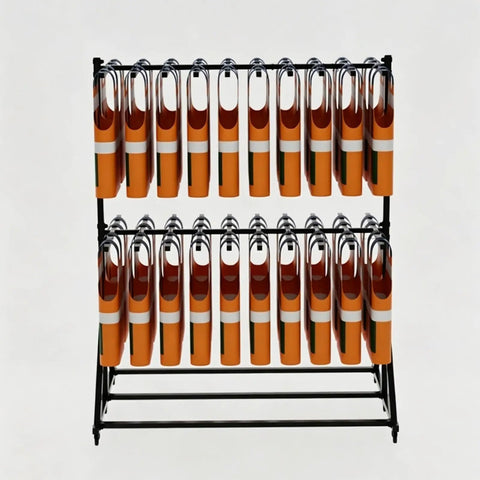 Rolling Life Vest Organizer Rack with orange life vests, durable iron frame, mobile for docks or beaches.