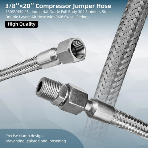 Built Tough 3/8 NPT Male Stainless Steel Compressor Jumper Hose, 20 Ft Long, 450 PSI, Freely Rotating Swivel Connectors