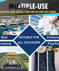 Image collage showing boats, a clothesline, a camping tent, and flag rope, highlighting uses for 90 Ft 1/4 Inch Polyester Rope Diamond Braid.