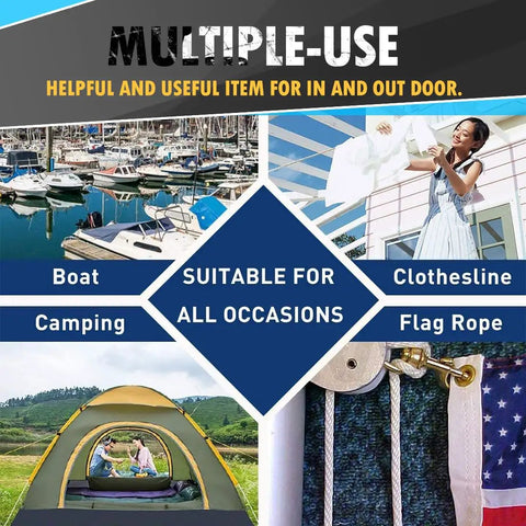 Image collage showing boats, a clothesline, a camping tent, and flag rope, highlighting uses for 90 Ft 1/4 Inch Polyester Rope Diamond Braid.