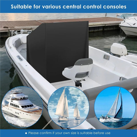 Center Console Boat Dust Cover With Oxford Cloth Waterproof Fabric on boat, marina background