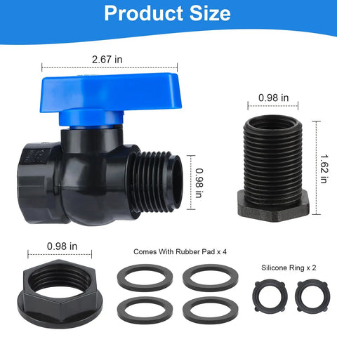 Rain Barrel Spigot Kit With Three Quarter Inch GHT Threads, Bulkhead Fittings, Garden Hose Faucet Ball Valve, Water Diverter For Rain Barrels, Tanks And Aquariums, No Fuss Install, Includes Adapters, Tape, And Rope, 2 Pack, product size diagram
