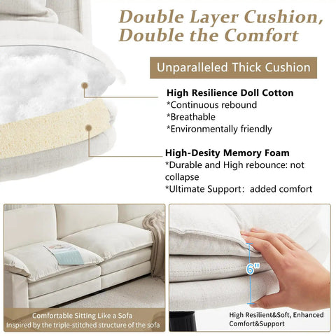 Diagram showing double layer cushion features of Cloud Criss Cross Legged Office Chair With Wheels 18 Inch High Back Armless Ergonomic Task Chair Fabric Beige For Home Office.