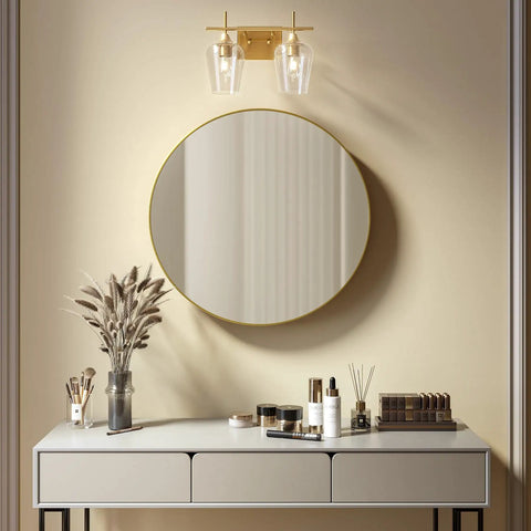 Two Light Brushed Gold Vanity Light With Clear Glass Shades For Bathroom Over Mirror Modern Wall Sconce above vanity table