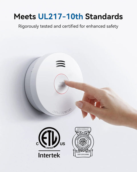Reliable Smoke Alarm With Photoelectric Sensor And 10 Year Battery, UL217 10th Listed GS525A, Low Battery Alert, Easy Setup, Home Safety Detector, Pack Of 6 on wall