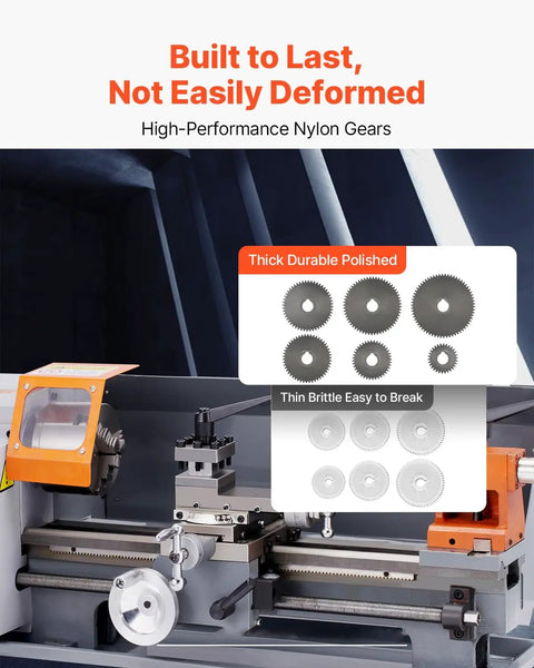 VEVOR Benchtop Metal Lathe Machine 7.87 X 13.78 Inches Precision Power Mill Tool With 600W Brush Motor and Variable Speed Control showing durable nylon gears.