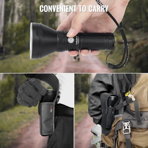 Person holding Catapult Pro SFT70 LED Flashlight Pocket Size Long Throw Beast Beam 1005m Range 2713 Lumens USB C Rechargeable