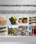 Finished product renderings for transformer, inductor, and solenoid valve items showcasing wire coils and components.