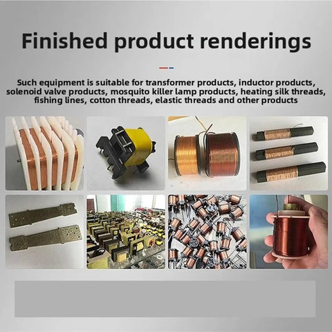 Finished product renderings for transformer, inductor, and solenoid valve items showcasing wire coils and components.