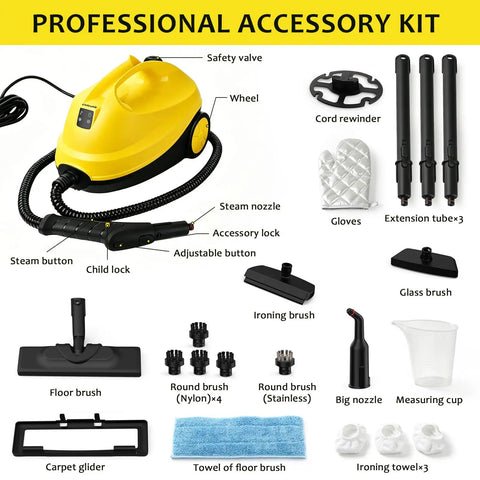 Udodik 300 Degree Steam Cleaner For Home With 21 Accessories And 4.5 Bar Pressure Variable Steam Control large accessory kit including various brushes and tools.