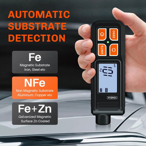 Paint Thickness Gauge For Cars, Digital Car Coating Tester With Auto Substrate Recognition And Fe/NFe/Zn Detection, 0-2000 Micrometers, Portable Coating Meter For Used Car Buyers, Auto Detailers And Shops. Handheld unit on car panel showing Fe, NFe, Zn modes.