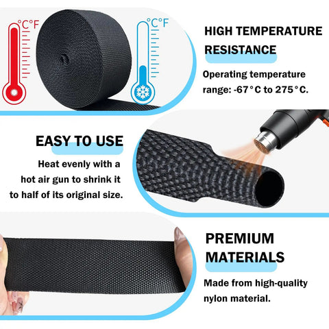 Heavy Duty Braided Wire Loom And Heat Shrink Cable Sleeving Kit showing temperature resistance and easy use instructions.
