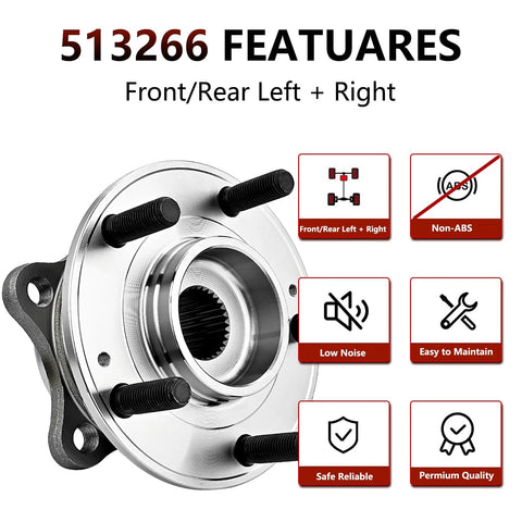 Wheel Bearing Hub Assembly Set For 2011 Through 2015 Kia Sorento, 2007 Through 2014 Hyundai Santa Fe, non-ABS 5-lug design